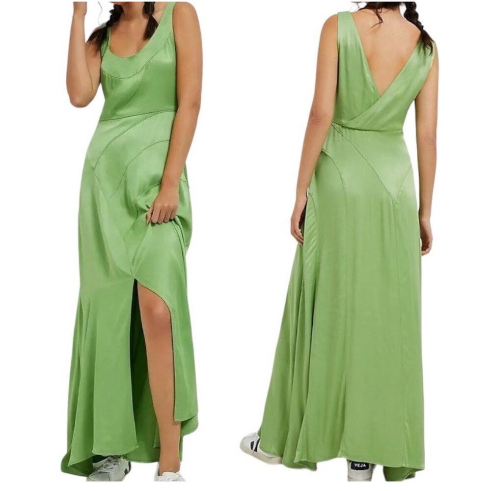 Anthropologie Green Satin Maxi Dress